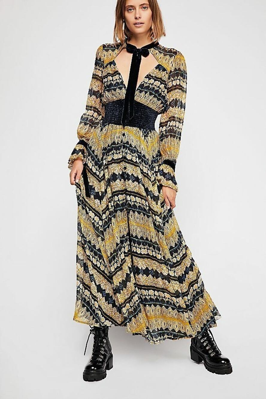Free People S In Dreams Maxi Dress BoHo Velvet Smocked Festival